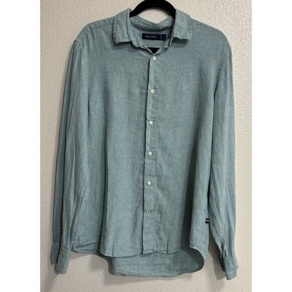 Nautica Other - NAUTICA Mens Sz L 100% Linen Long Sleeve Button Up Shirt Teal Coastal Vacation